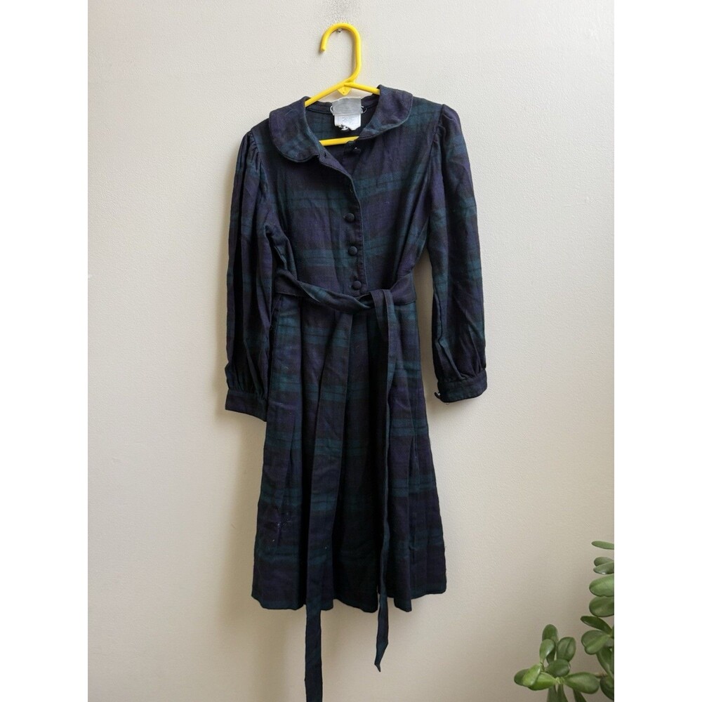 Laura Ashley Girls Dress Tartan Blue Green Plaid Wool Blend Size 7/8